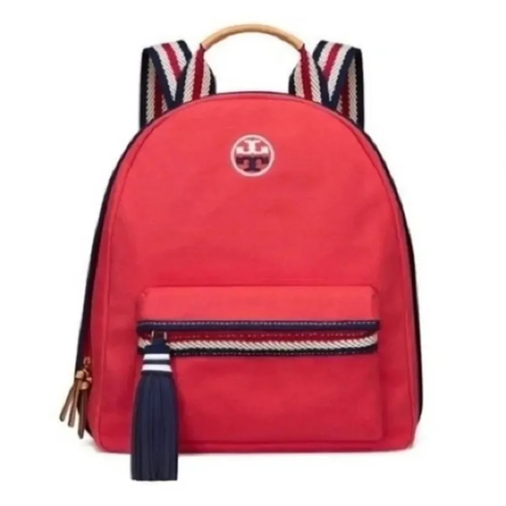 Tory Burch Designer Embroidered Red Canvas Backpack Navy Tassel Purse Bag
